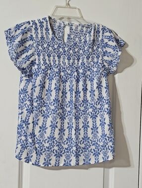 Blue & White Floral Smocked Peasant Top